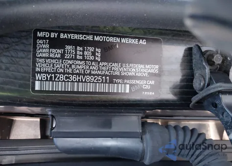 2017 BMW I3 94 Ah W/Range Extender z USA, uszkodzony, nr VIN WBY1Z8C36HV892511